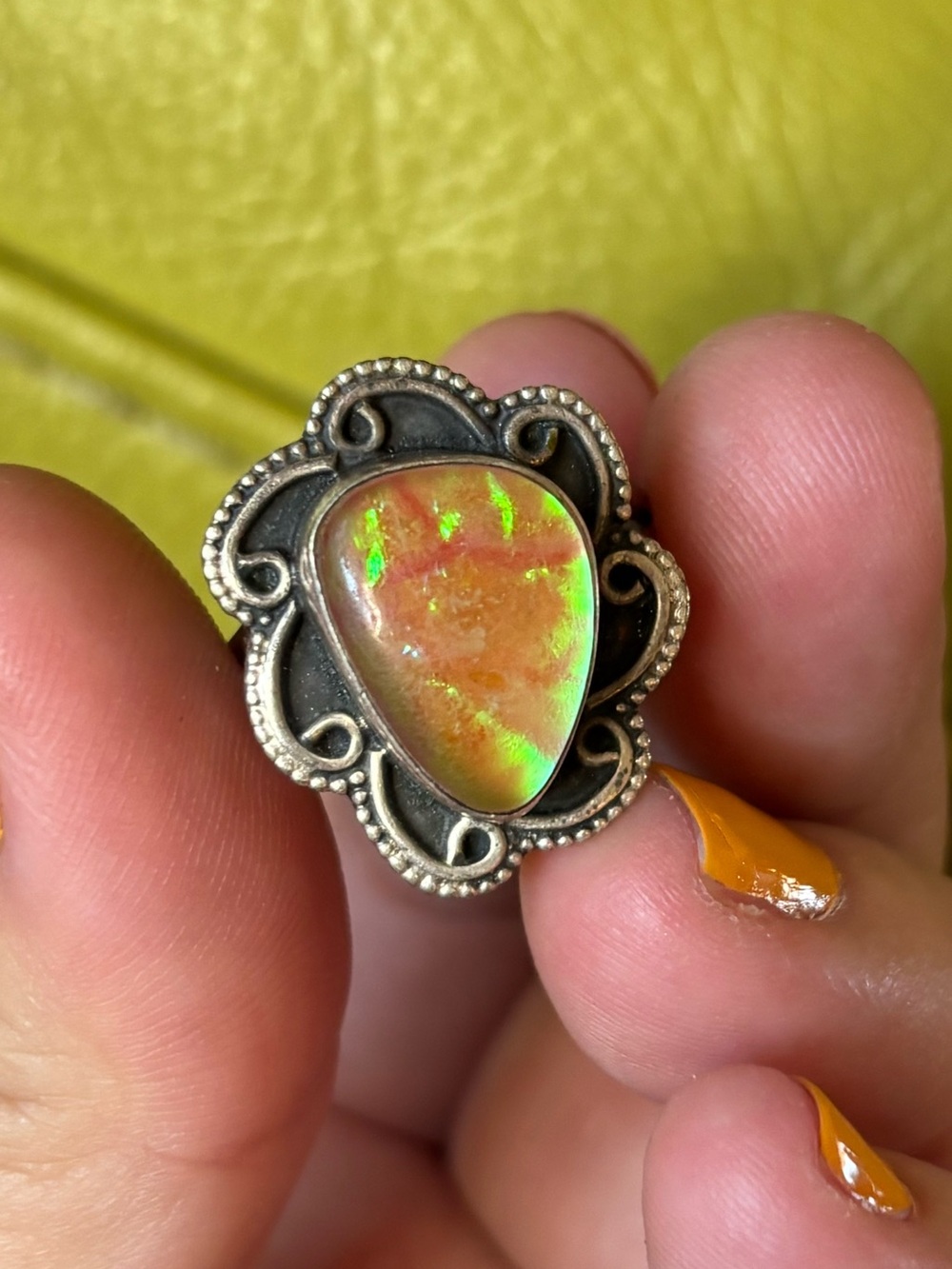Vintage 925 Sterling Silver Faux Opal Iridescent Statement Ring Size 8